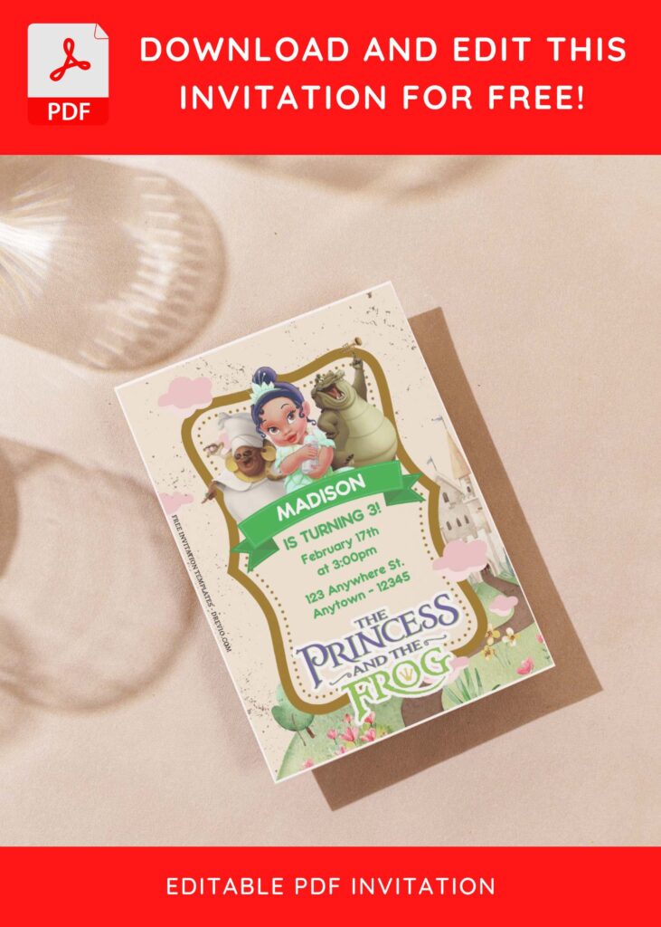 Invitation Template of (Free Editable PDF) Fairy Tale Princess Tiana & The Frog Birthday Invitation Templates 5