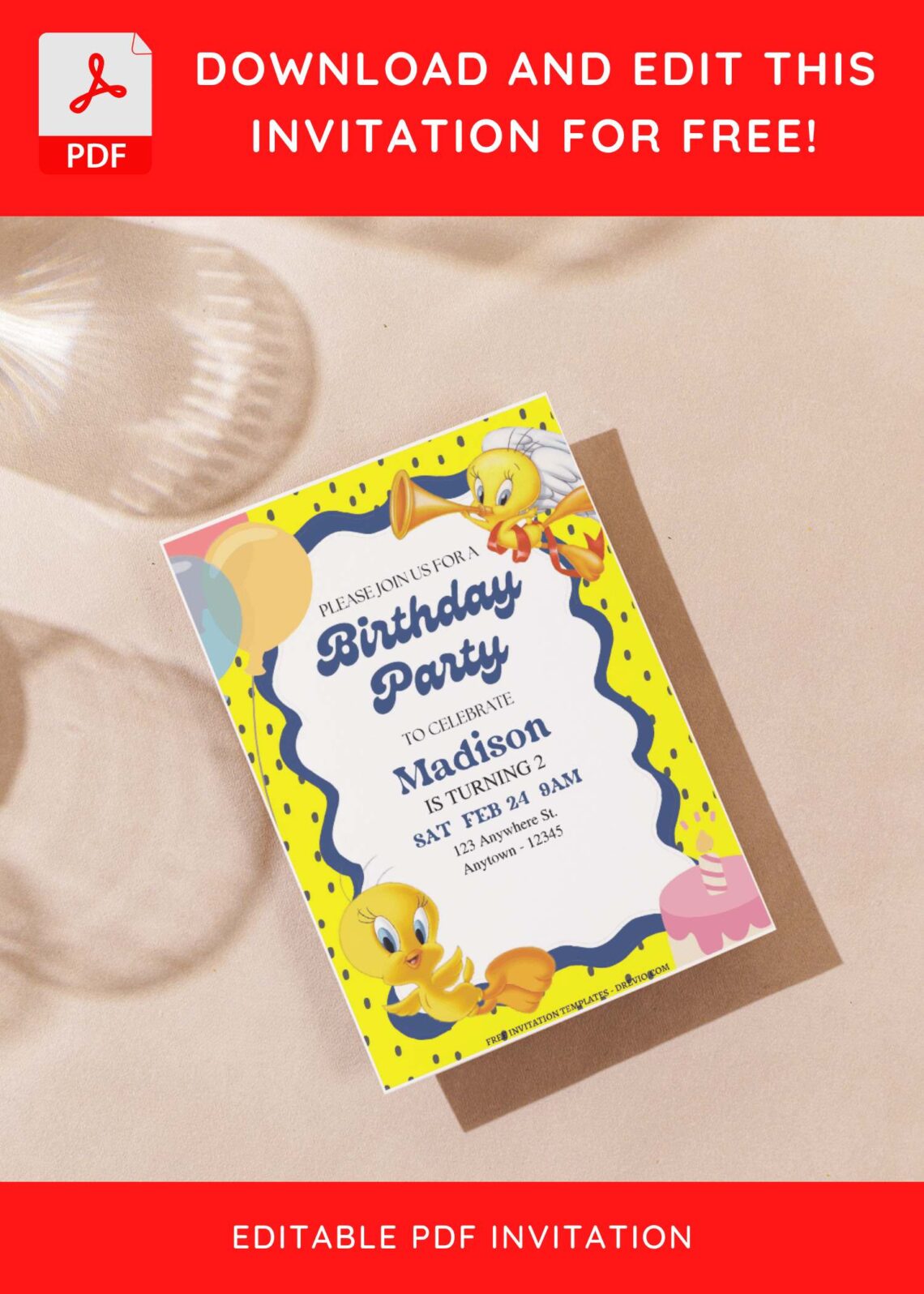 (Free Editable PDF) Bubbly Cute Tweety Birthday Invitation Templates ...