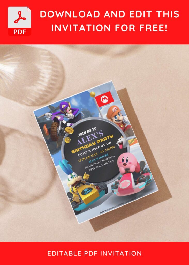 (Free Editable PDF) Super Mario Kart Birthday Invitation Templates G