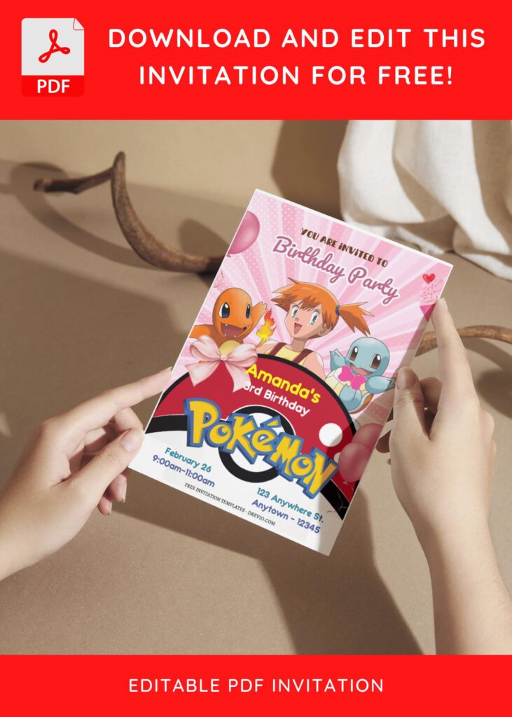 (Free Editable PDF) Cute Pokemon Girl Birthday Invitation Templates F