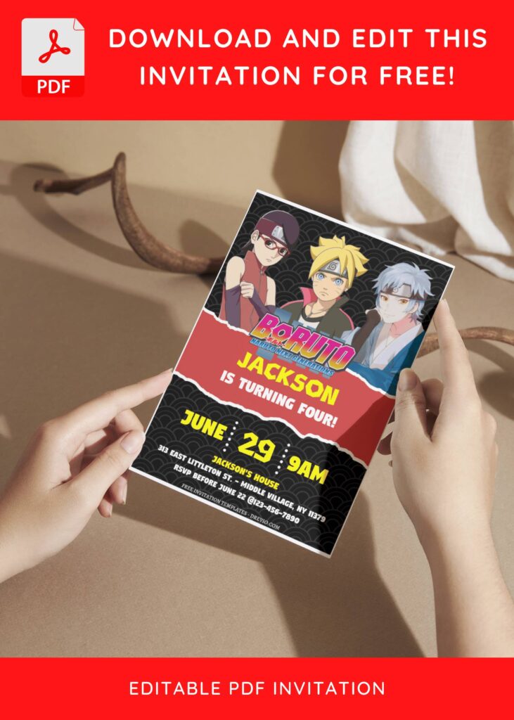 (Free Editable PDF) Thrilling Fun Boruto Ninja Birthday Invitation Templates F