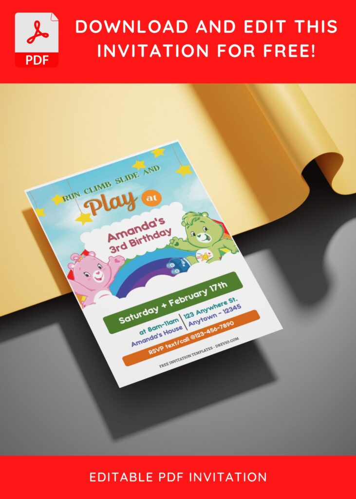 (Free Editable PDF) Share The Fun Care Bears Birthday Invitation Templates with adorable rainbow