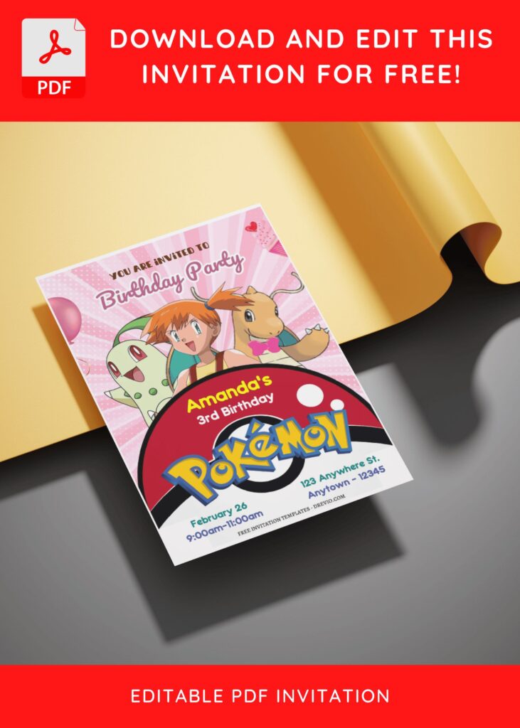 (Free Editable PDF) Cute Pokemon Girl Birthday Invitation Templates with cute pink comic sunburst background