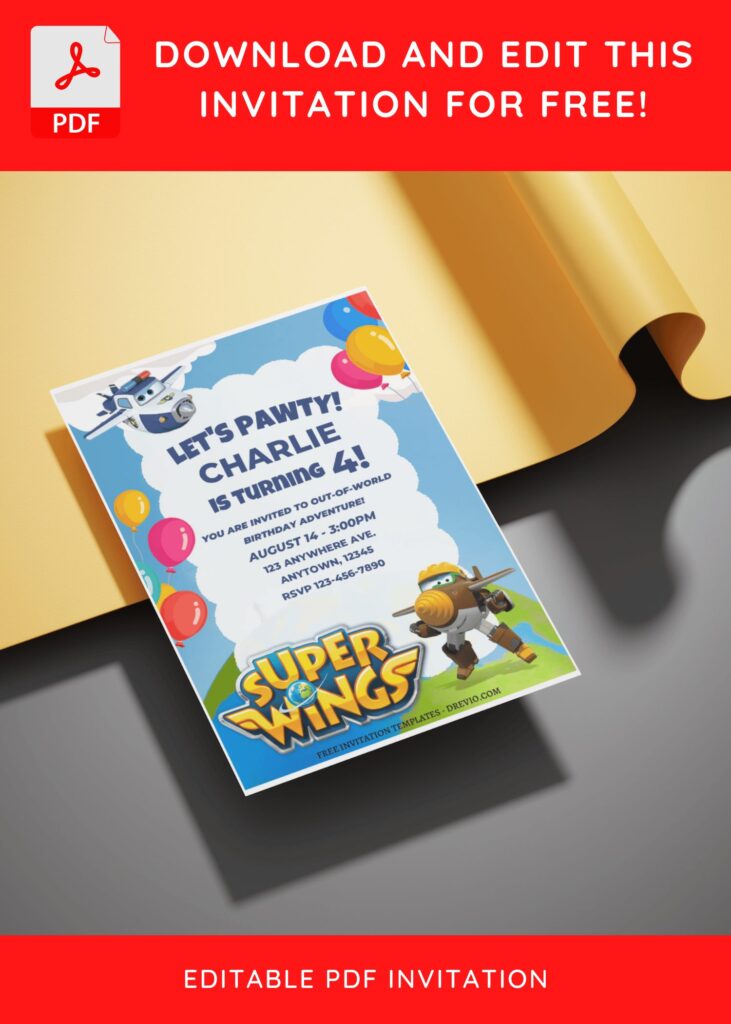 (Free Editable PDF) Cheerful Super Wings Birthday Invitation Templates E