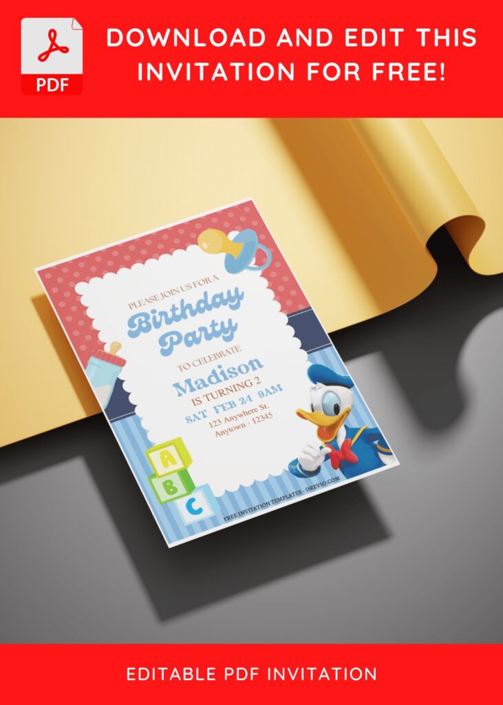 (Free Editable PDF) Quirky Quacker Donald Duck Birthday Invitation Templates E
