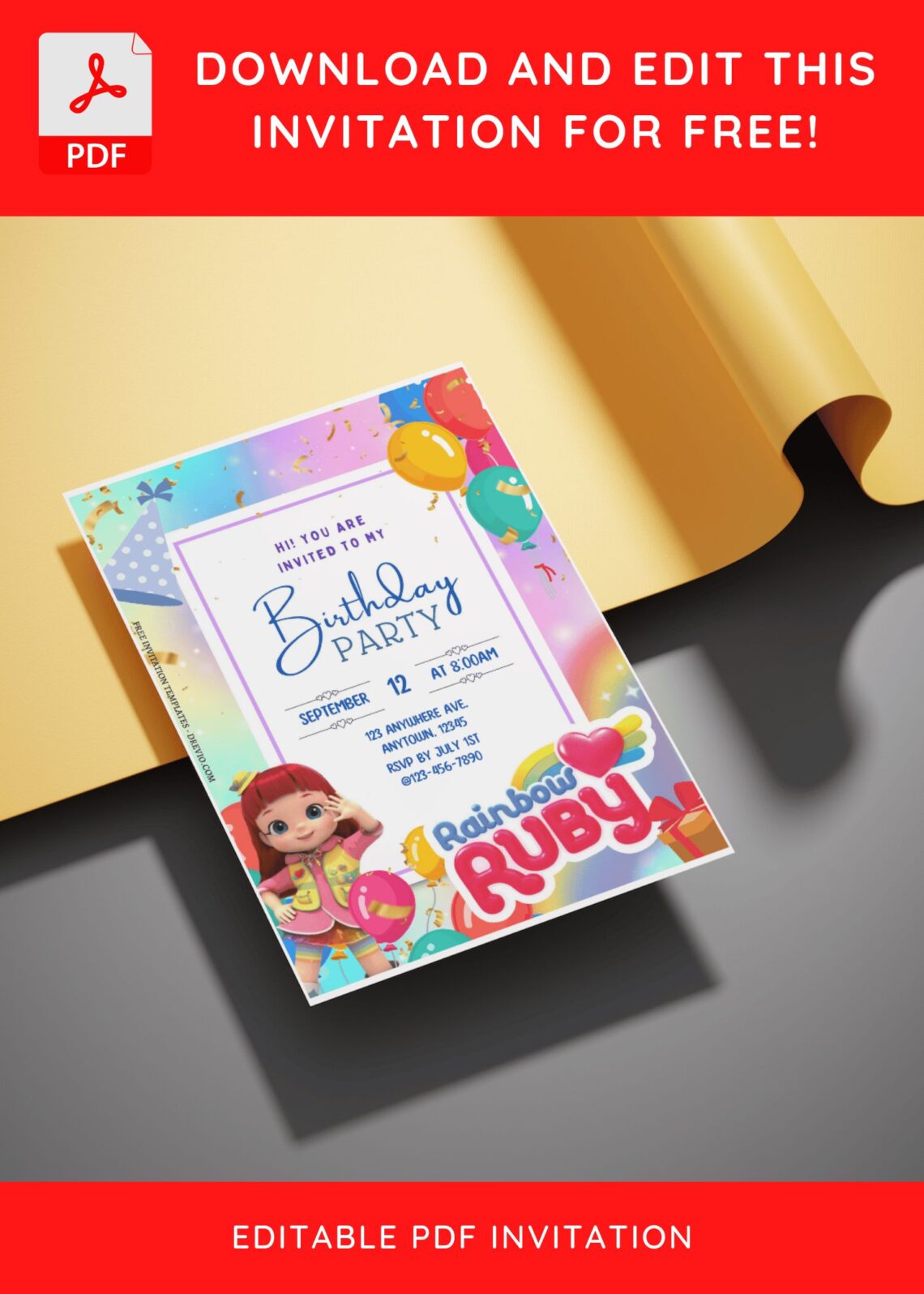 (Free Editable PDF) Rainbow Ruby Birthday Invitation Templates For Colorful Celebration E