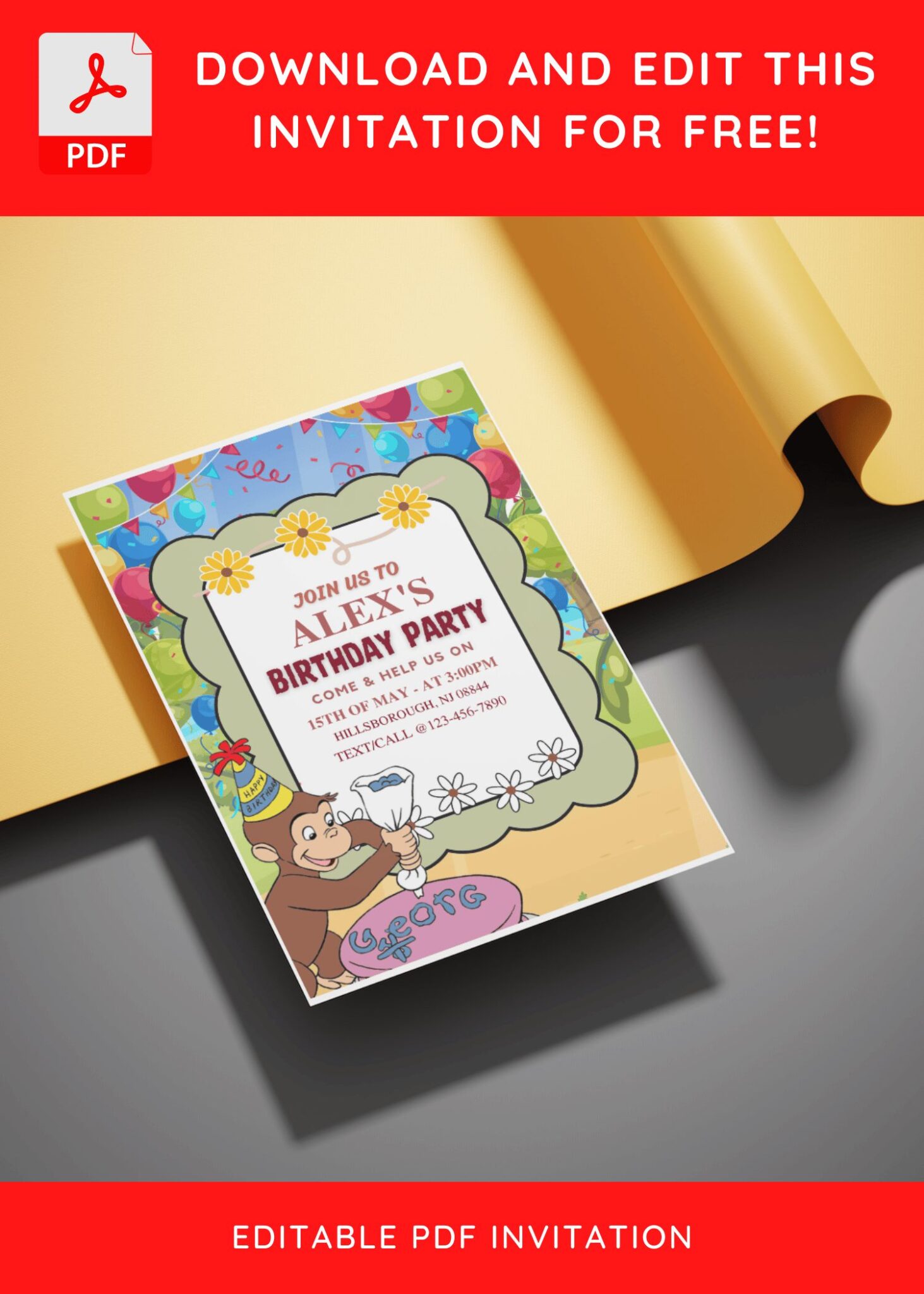 (Free Editable PDF) Bubbly Curious George Birthday Invitation Templates ...