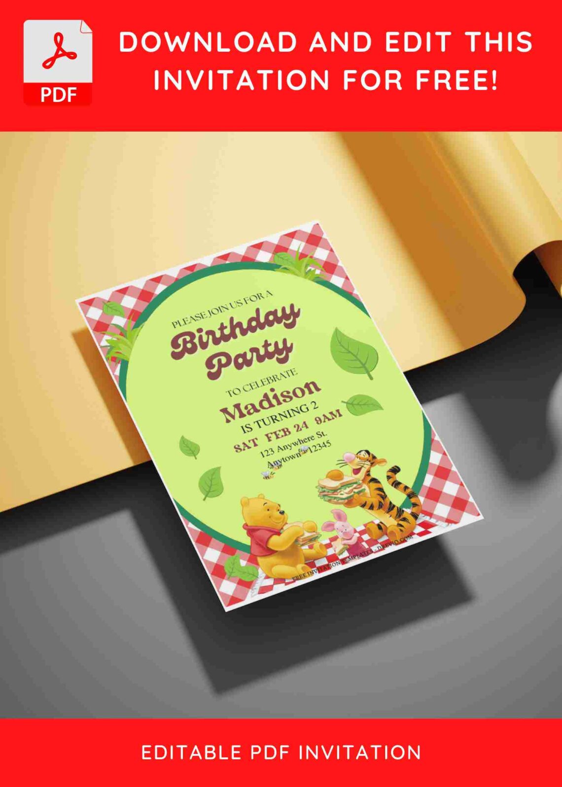 (Free Editable PDF) Honey & Laughter Winnie The Pooh Birthday Invitation Templates E