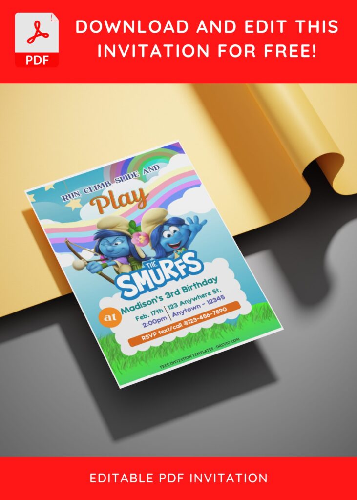 (Free Editable PDF) Magical Smurfs Birthday Invitation Templates with blue sky background