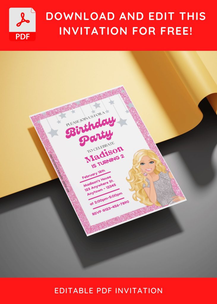 (Free Editable PDF) Sparkling Barbie Magic Birthday Invitation Templates E