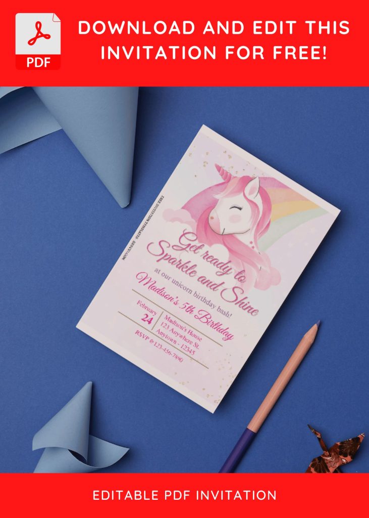 (Free Editable PDF) Whimsical Watercolor Unicorn Birthday Invitation Templates E