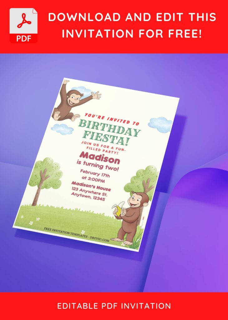 (Free Editable PDF) Party Like Curious George Birthday Invitation Templates D