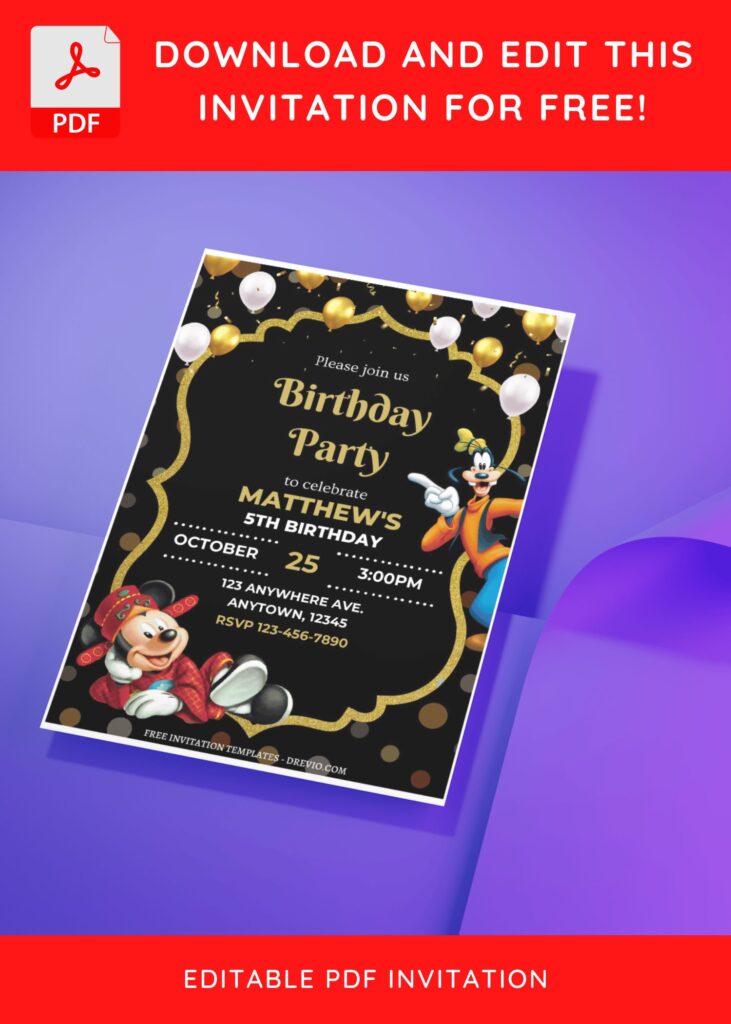 (Free Editable PDF) Mickey Mouse Magical World Birthday Invitation Templates with sparkling white and gold balloons