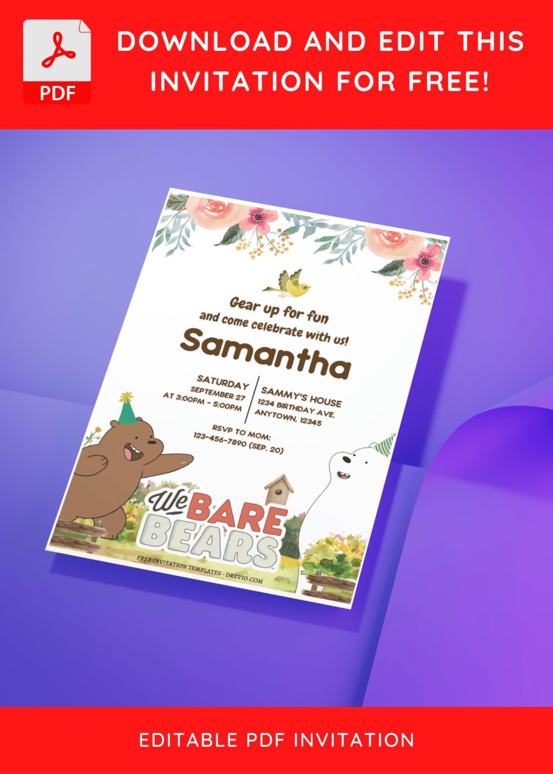 (Free Editable PDF) Adorable We Bare Bears Birthday Invitation Templates D