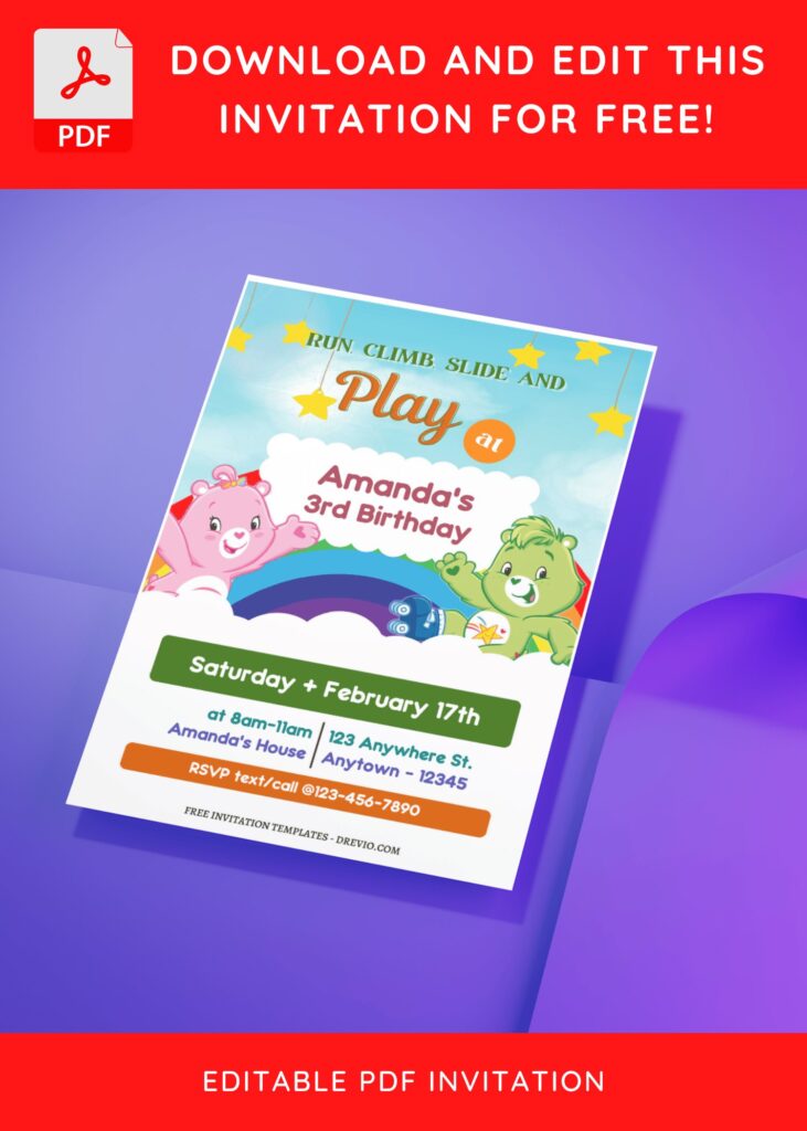 (Free Editable PDF) Share The Fun Care Bears Birthday Invitation Templates D