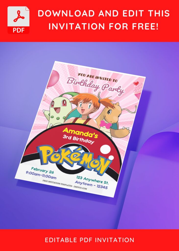 (Free Editable PDF) Cute Pokemon Girl Birthday Invitation Templates D