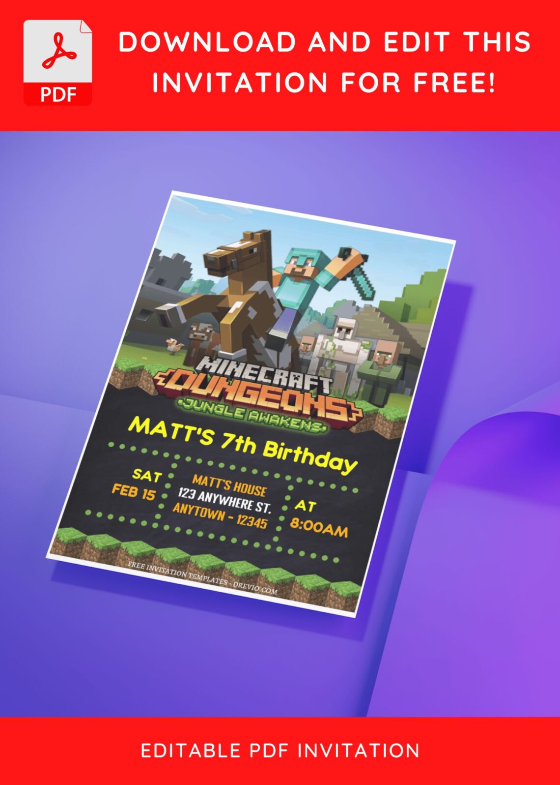 (Free Editable PDF) Minecraft Gamers Birthday Invitation Templates D