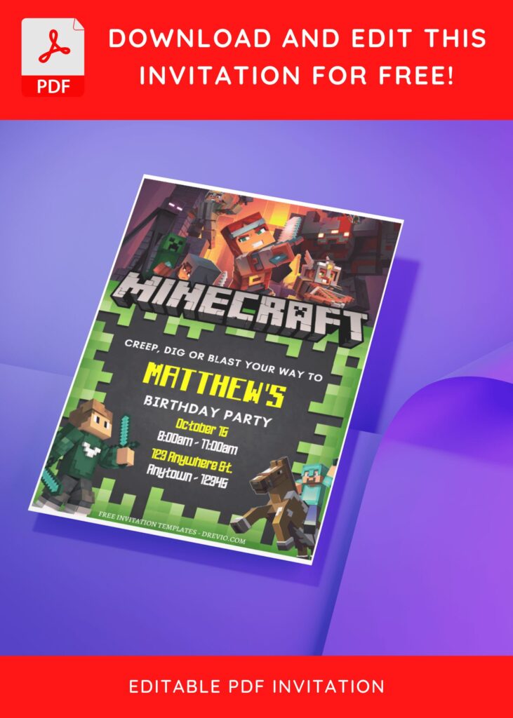 (Free Editable PDF) Fun Pixel Party Minecraft Birthday Invitation Templates D
