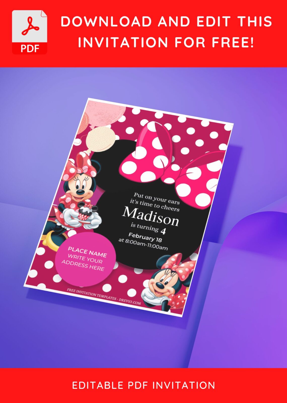 (Free Editable PDF) Minnie Mouse Polka Dot Birthday Invitation Templates D