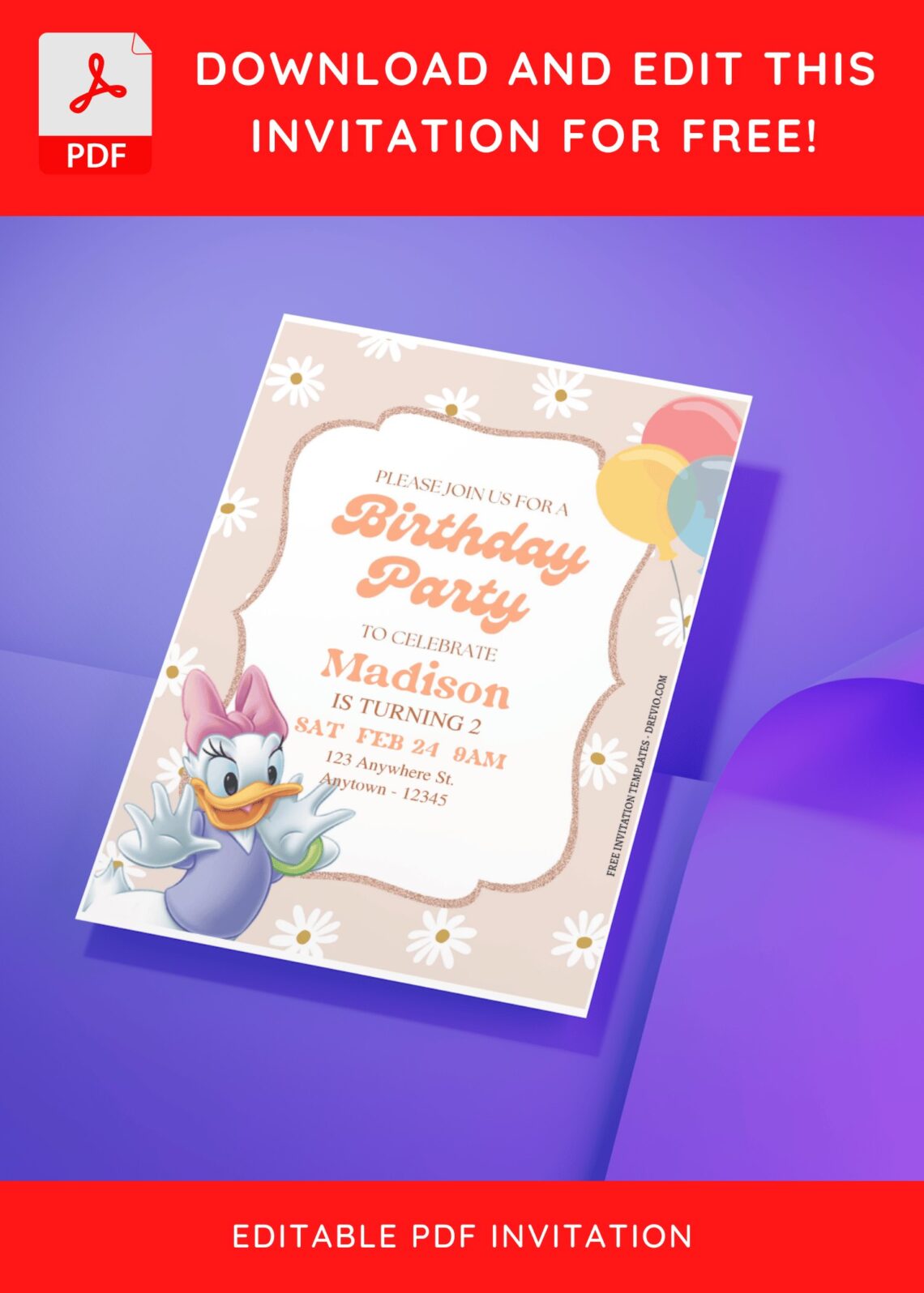 (Free Editable PDF) Daisy's Day Out Daisy Duck Birthday Invitation Templates D