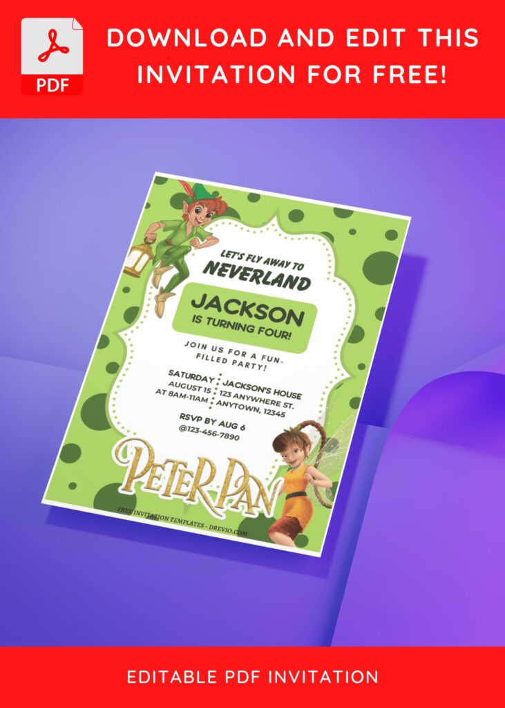 (Free Editable PDF) Fly To Neverland Peter Pan & Wendy Birthday Invitation Templates D