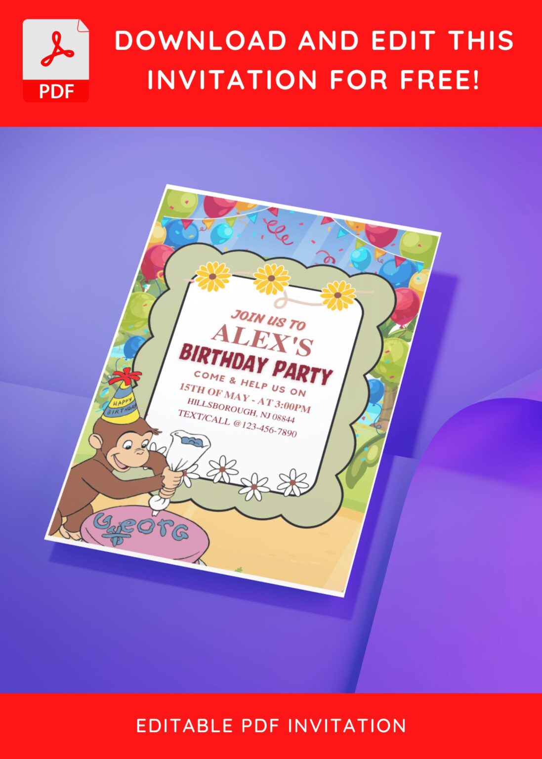 (Free Editable PDF) Bubbly Curious George Birthday Invitation Templates ...