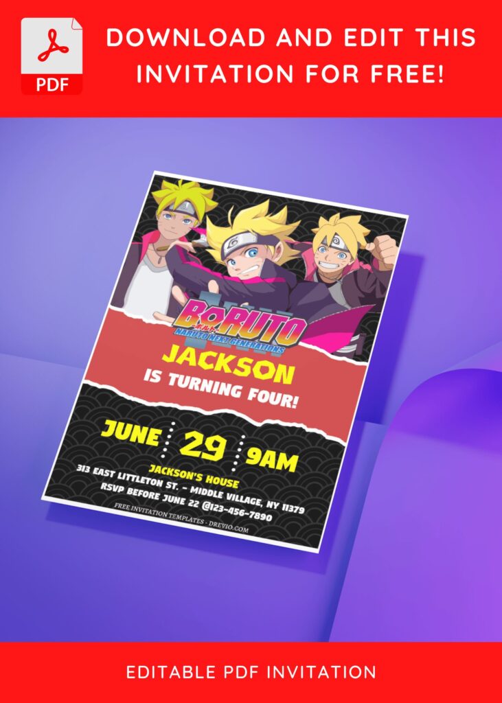 (Free Editable PDF) Thrilling Fun Boruto Ninja Birthday Invitation Templates D