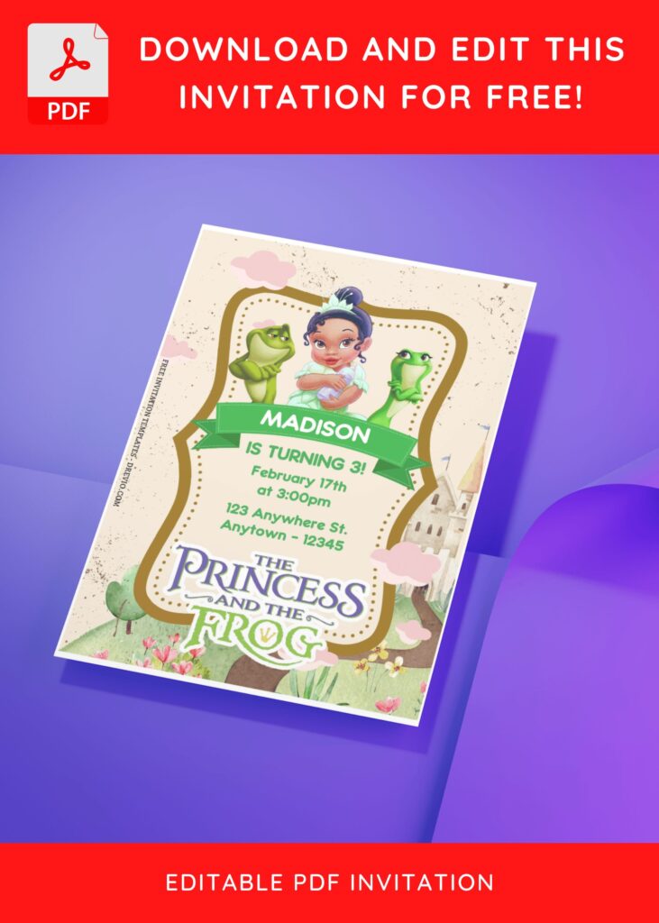 Invitation Template of (Free Editable PDF) Fairy Tale Princess Tiana & The Frog Birthday Invitation Templates 2