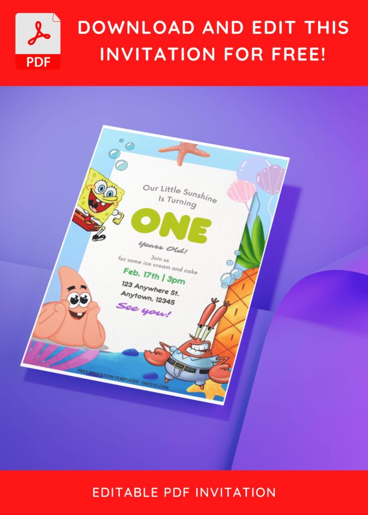 (Free Editable PDF) Bubbly Birthday Blast SpongeBob Birthday Invitation Templates D