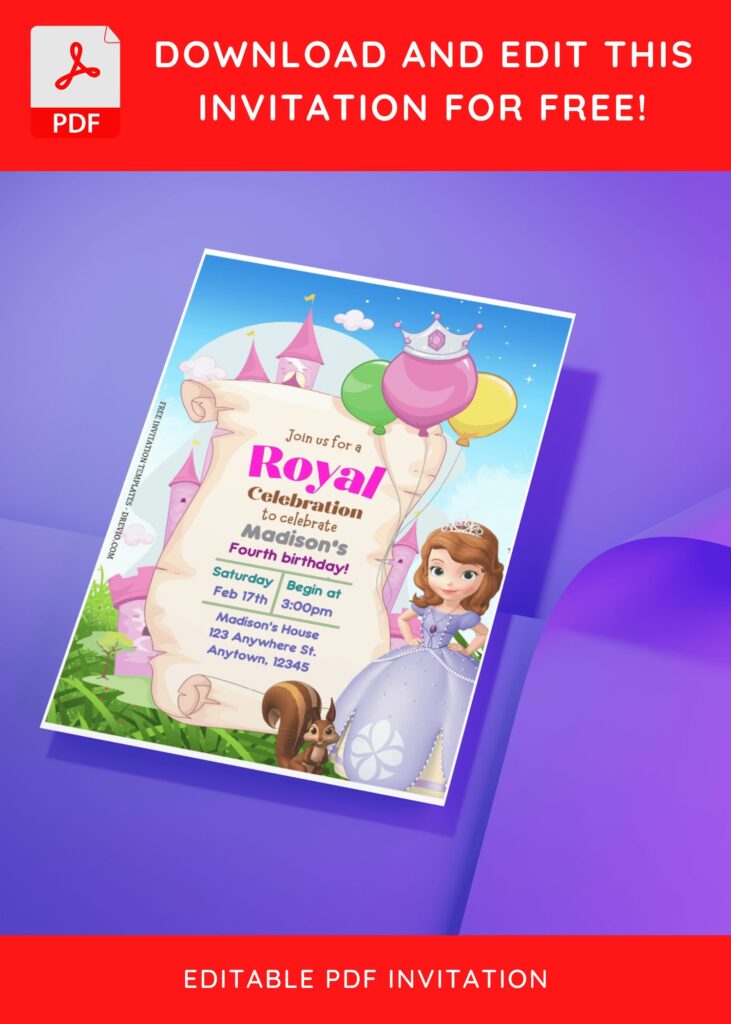 (Free Editable PDF) Magical Awaits Sofia The First Birthday Invitation Templates D