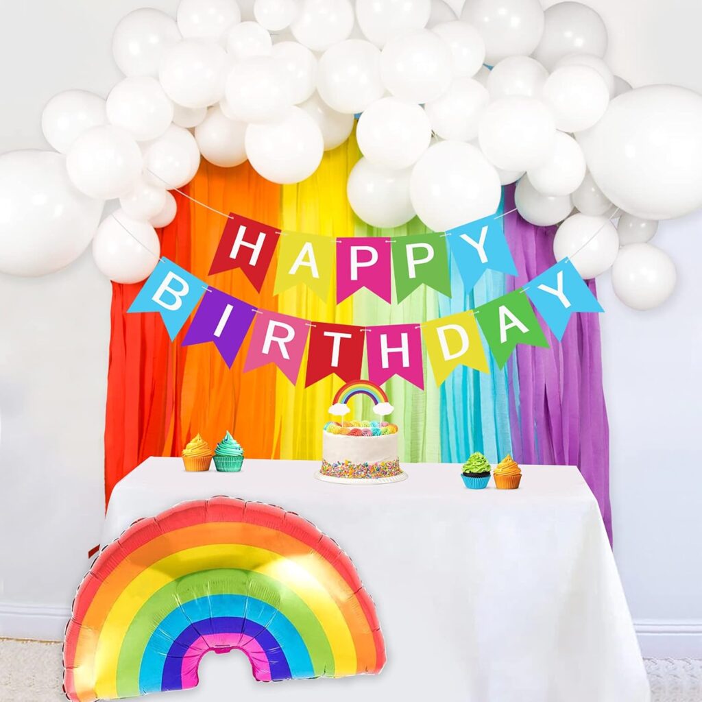 Rainbow Backdrop Streamers, White Balloon Garland And Rainbow Cutouts