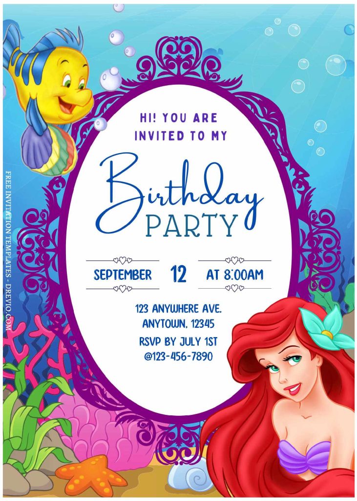 Invitation Template of (Free Editable PDF) Princess Ariel Birthday Invitation Templates For Kids 1