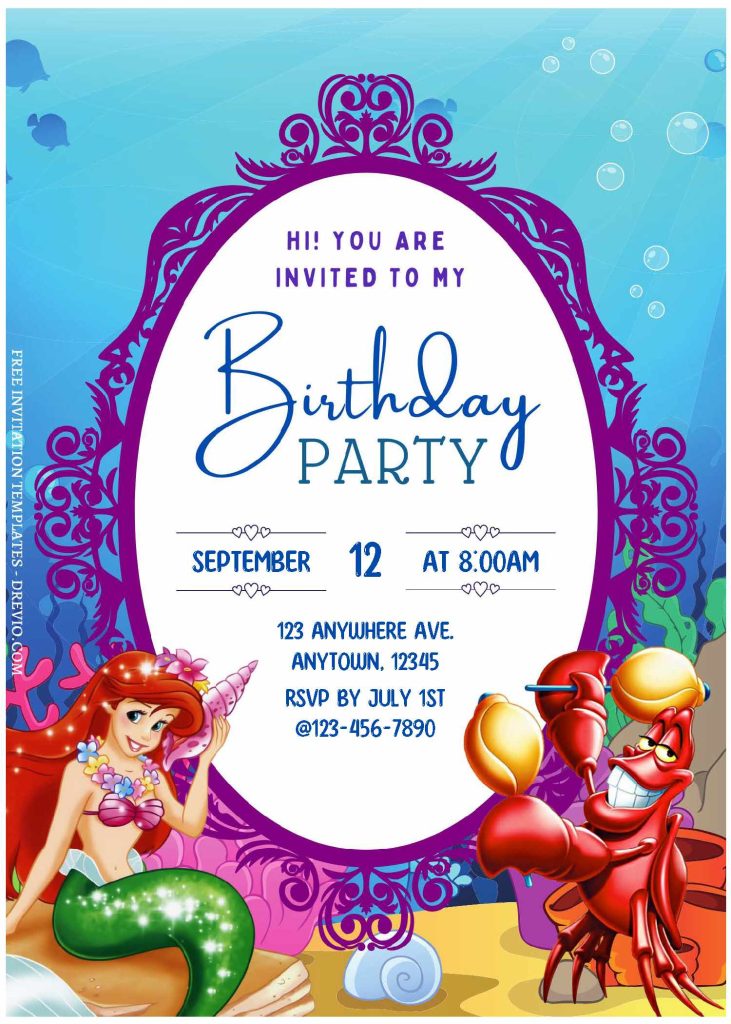 Invitation Template of (Free Editable PDF) Princess Ariel Birthday Invitation Templates For Kids 3