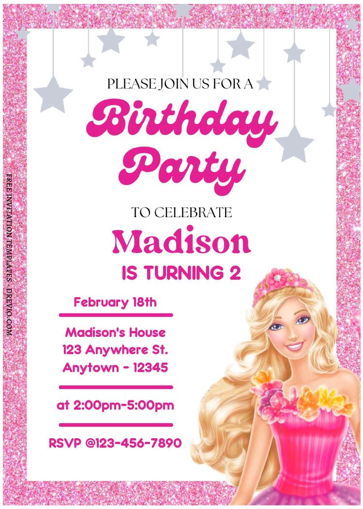 (Free Editable PDF) Sparkling Barbie Magic Birthday Invitation ...