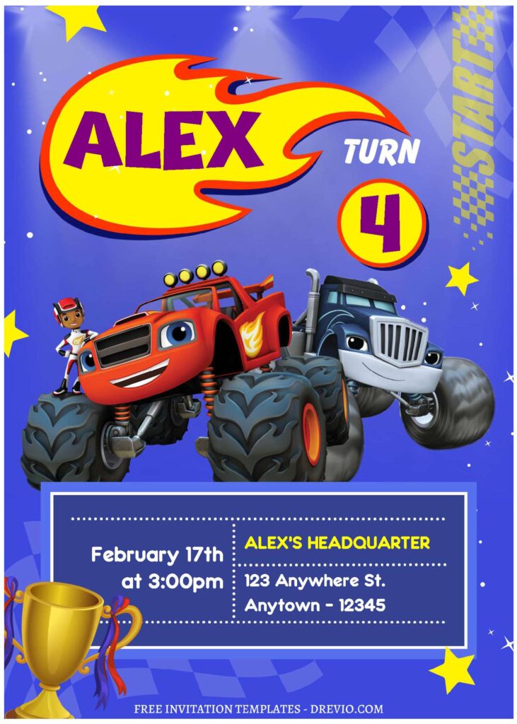 (Free Editable PDF) Vroom-Vroom Blaze & Monster Machine Birthday Invitation Templates A