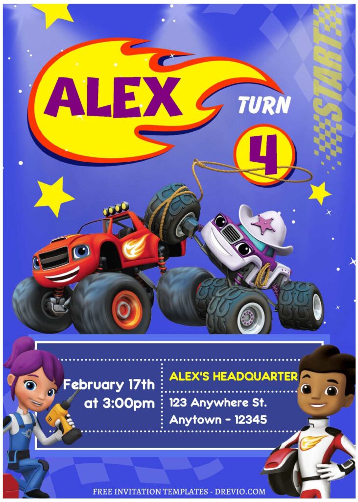 (Free Editable PDF) Vroom-Vroom Blaze & Monster Machine Birthday Invitation Templates C