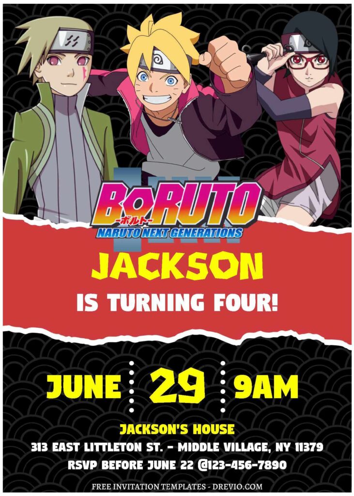 (Free Editable PDF) Thrilling Fun Boruto Ninja Birthday Invitation Templates B