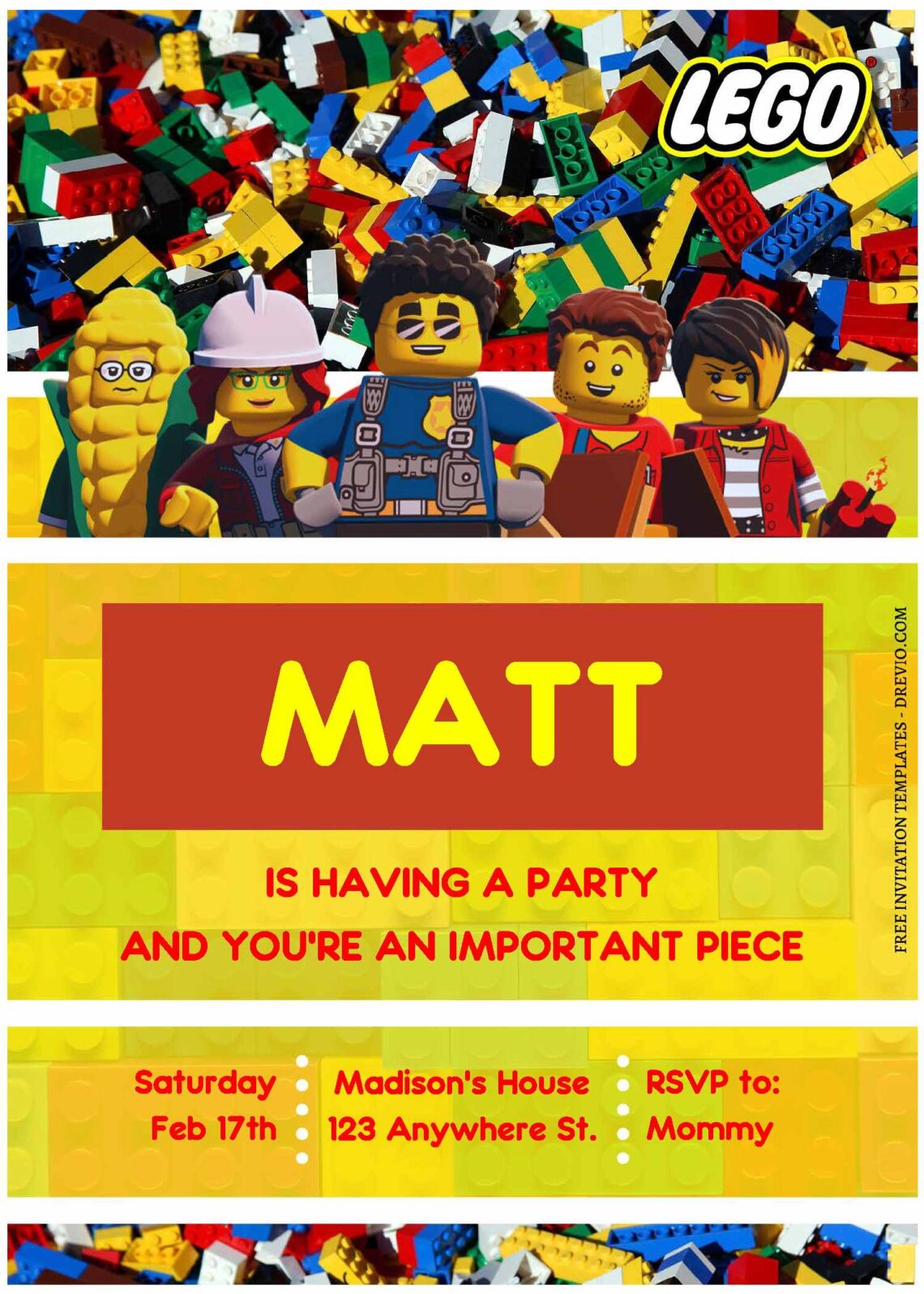 (Free Editable PDF) Play And Party Building Block Lego Birthday ...