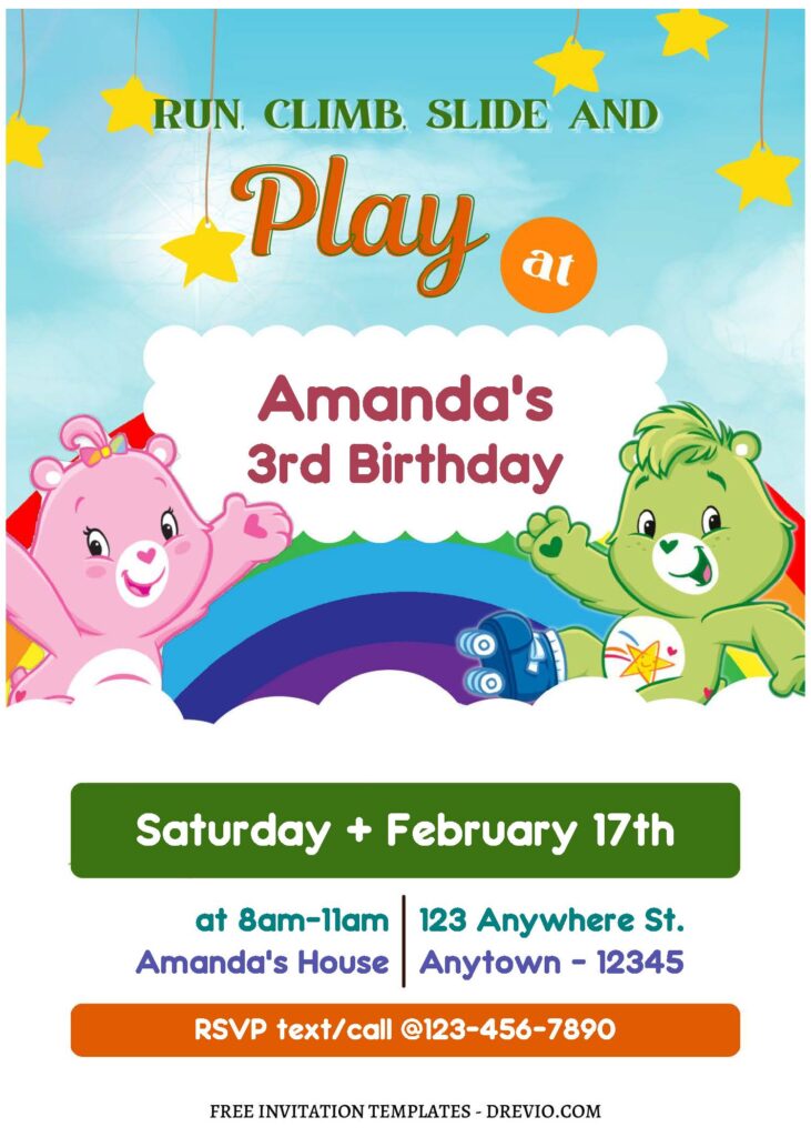 (Free Editable PDF) Share The Fun Care Bears Birthday Invitation Templates with colorful sky background