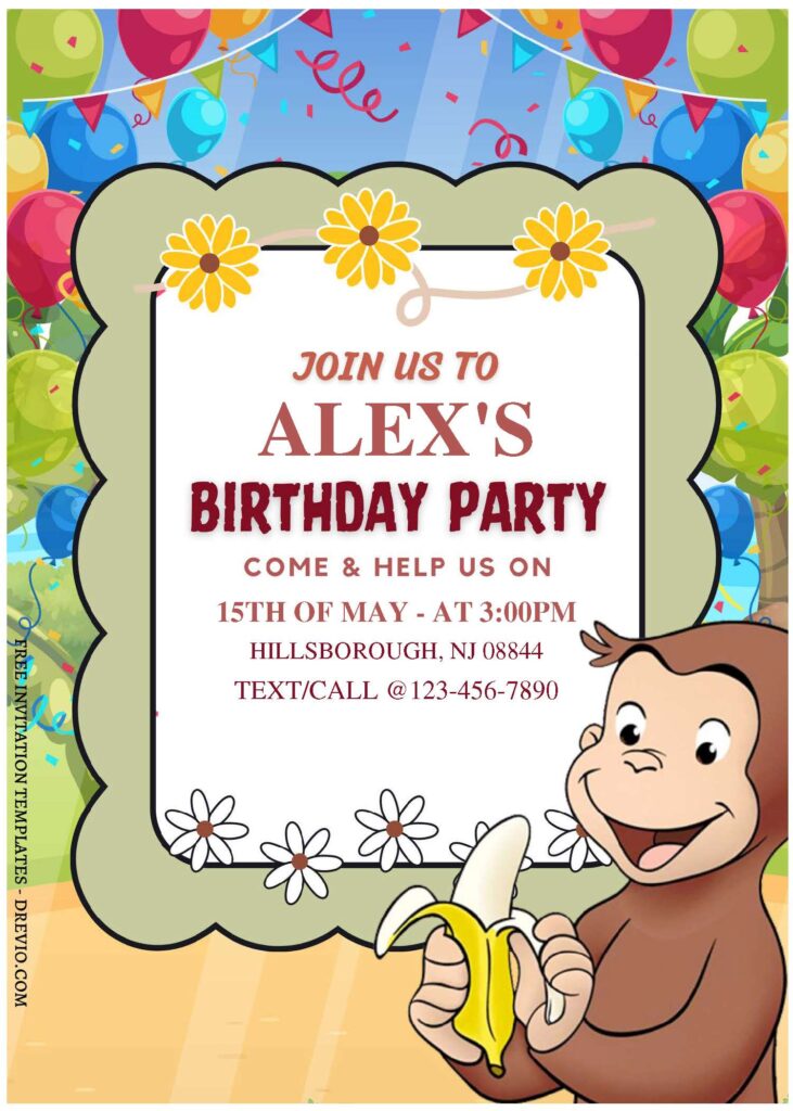 (Free Editable PDF) Bubbly Curious George Birthday Invitation Templates C