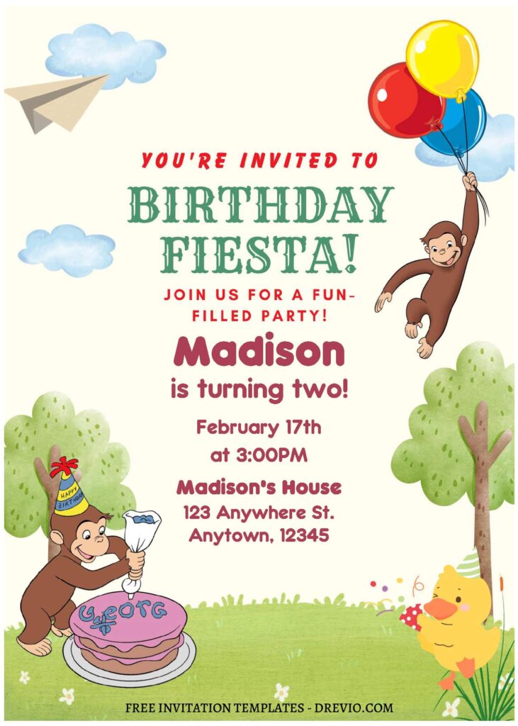 (Free Editable PDF) Party Like Curious George Birthday Invitation Templates with beautiful watercolor park
