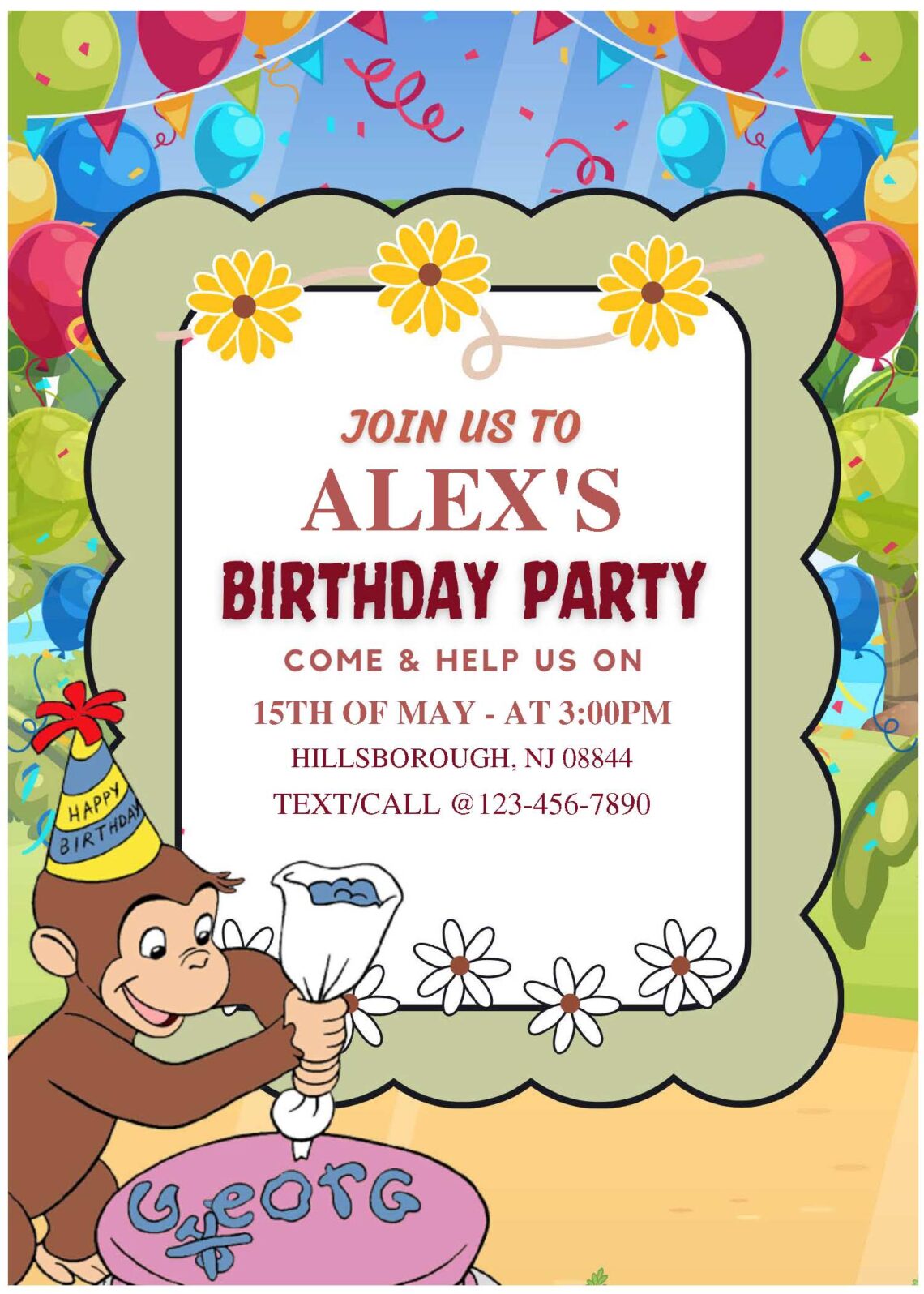 (Free Editable PDF) Bubbly Curious George Birthday Invitation Templates A