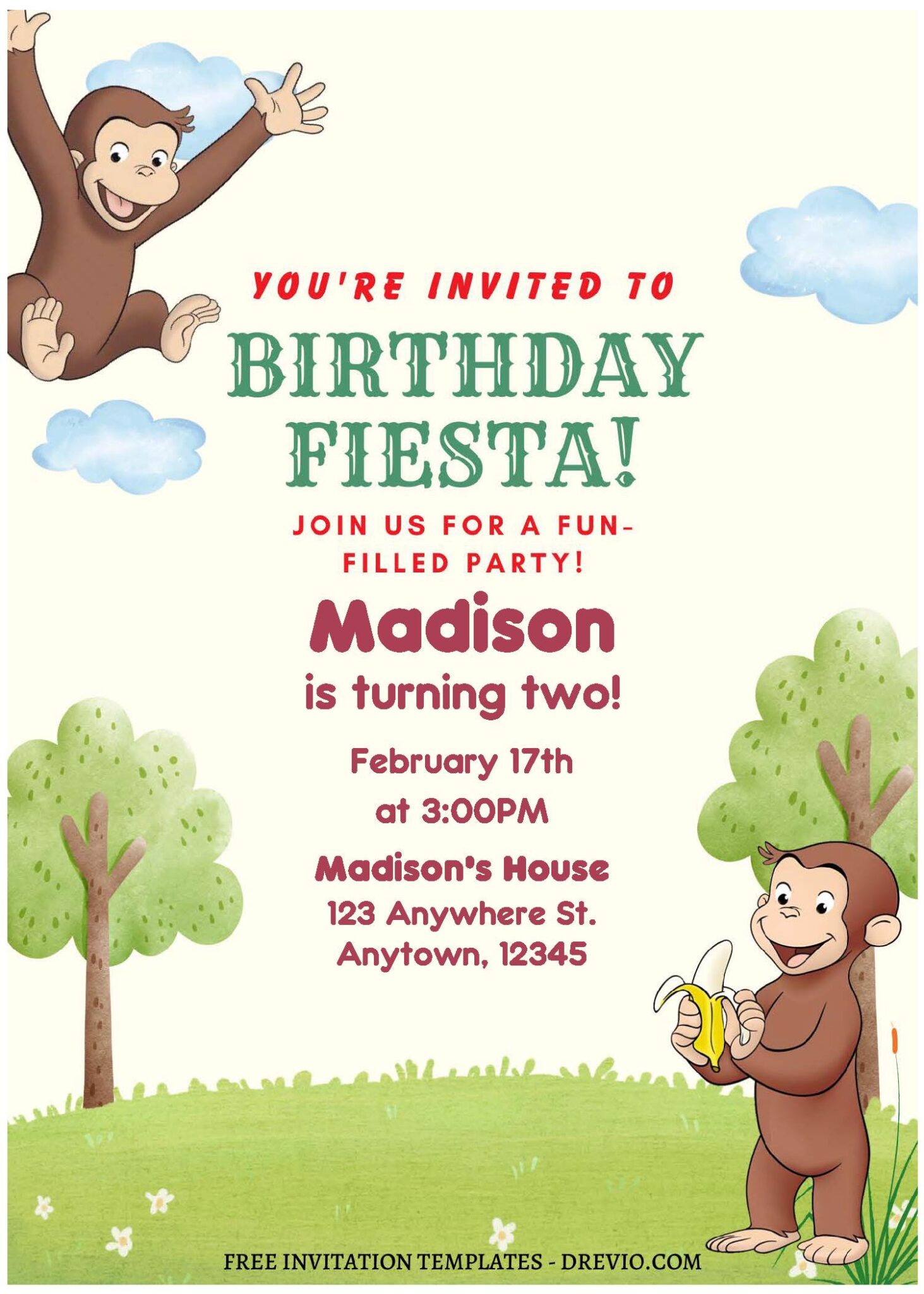 (Free Editable PDF) Party Like Curious George Birthday Invitation ...