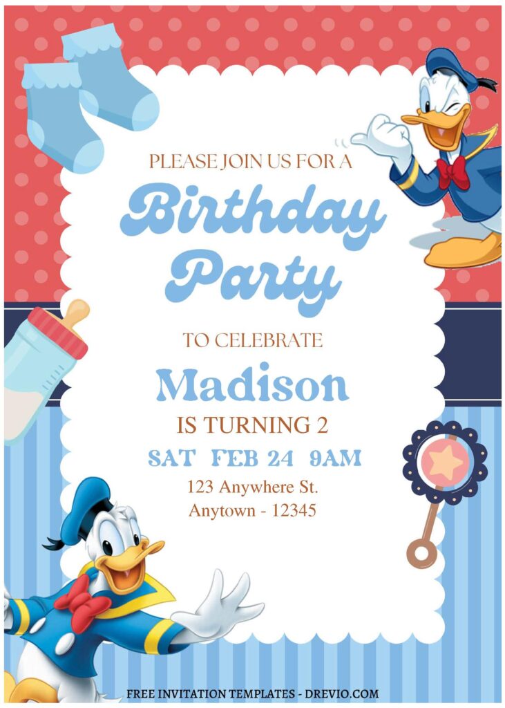(Free Editable PDF) Quirky Quacker Donald Duck Birthday Invitation Templates C