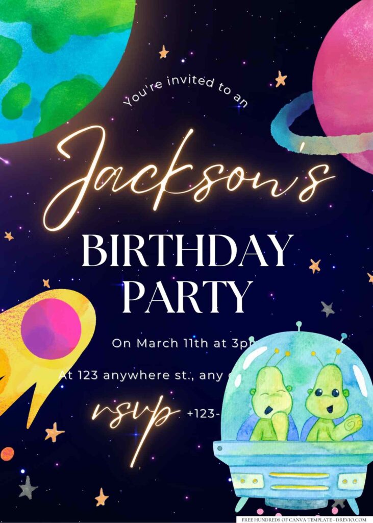 FREE Editable Alien and Rocket Birthday Invitation