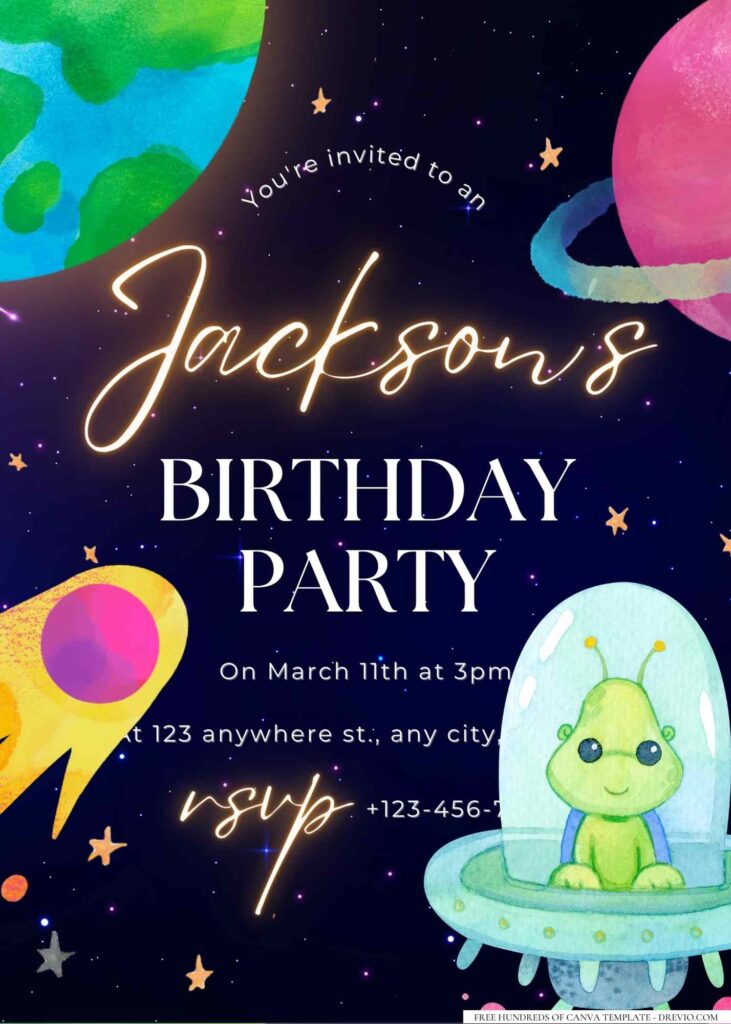 FREE Editable Alien and Rocket Birthday Invitation