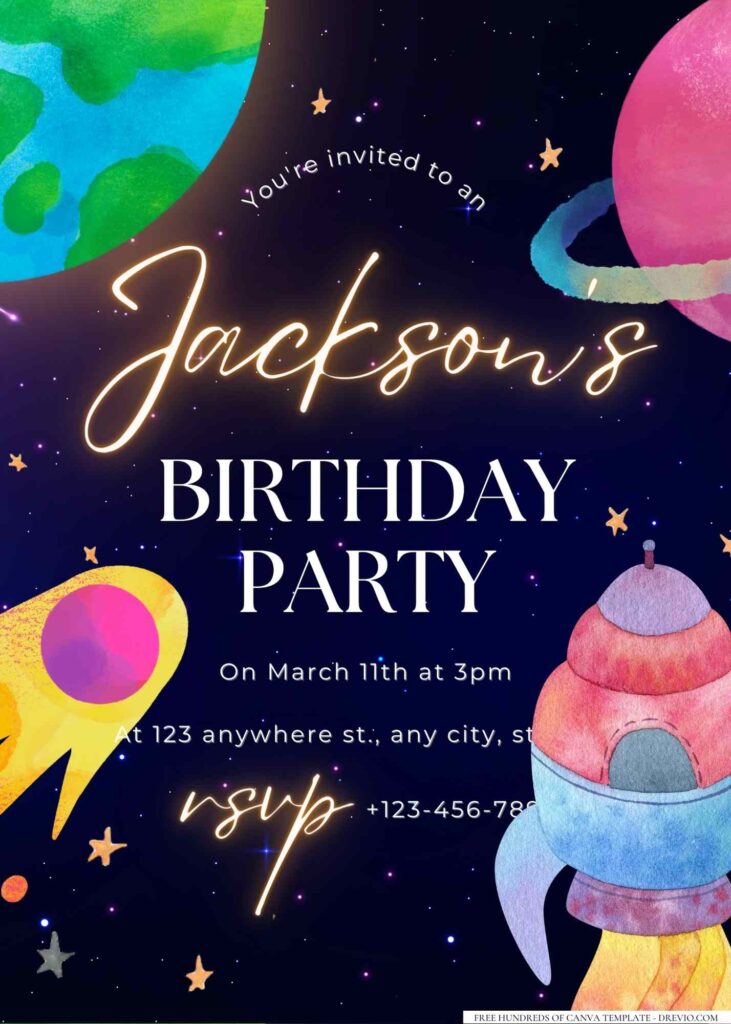 FREE Editable Alien and Rocket Birthday Invitation