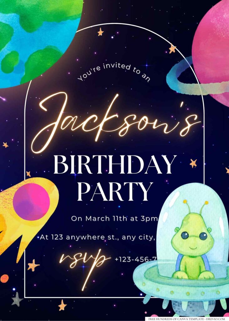 FREE Editable Alien and Rocket Birthday Invitation