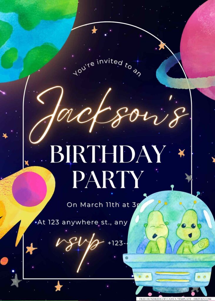 FREE Editable Alien and Rocket Birthday Invitation