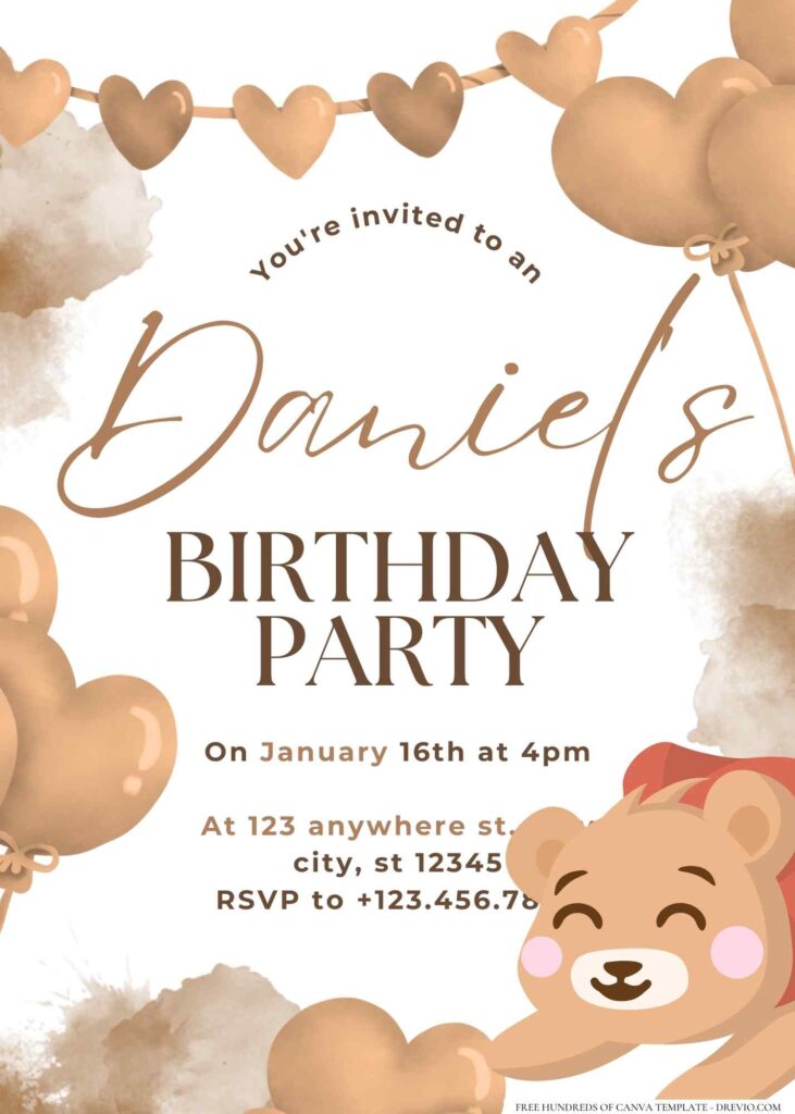 FREE Editable Brown Teddy Birthday Invitation